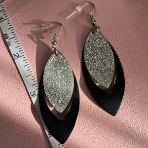 Silver Tone Wire and Black and Sliver Sparkle Detailed Earrings by Charming Char